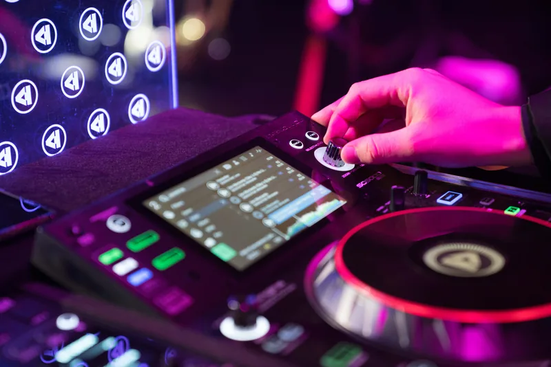 A close-up of professional DJ equipment during a performance.