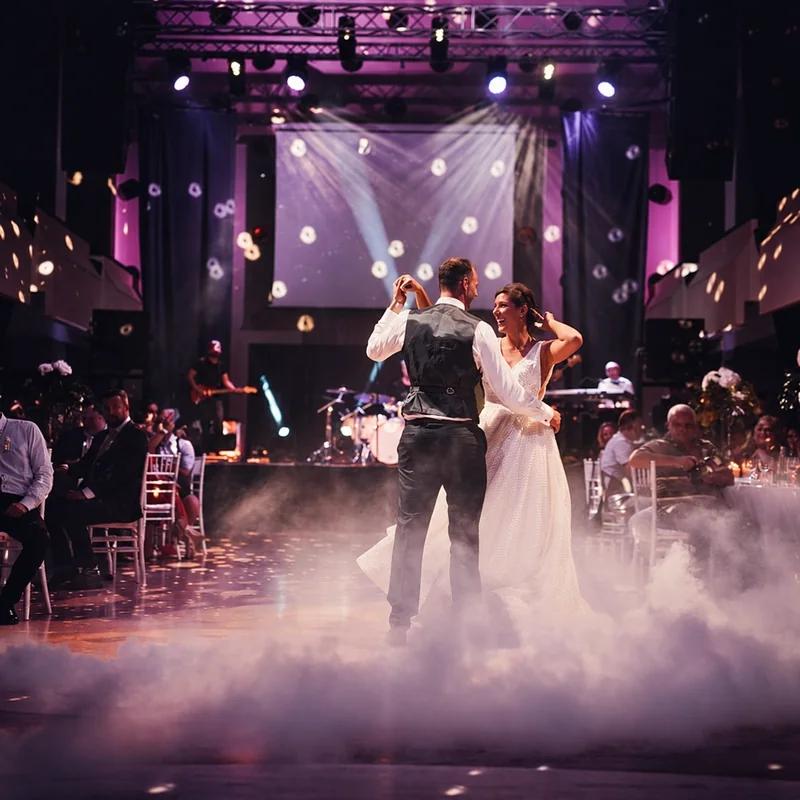 Newlyweds dancing through low-lying fog in front of a stage, with seated wedding guests around the dance floor.