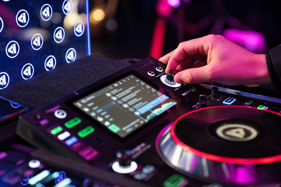 A close-up of professional DJ equipment during a performance.